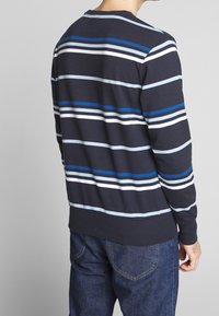 Uomo vestito con un maglione blu navy con strisce orizzontali bianche, azzurro chiaro e blu reale, abbinato a jeans blu scuro, di spalle.
