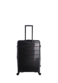 Schwarzer Hartschalenkoffer mit strukturiertem Oberflächenmaterial, vertikalen Rillen, ausziehbarem Griff und vier Rädern für Mobilität.