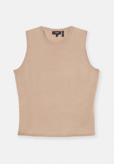 Mouwloze beige top gemaakt van lichte gebreide stof, met een ronde halslijn en een aansluitende silhouet. Licht gestructureerd oppervlak.