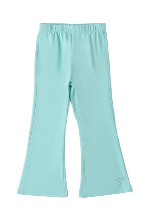 Leggins acampanados en un azul aqua claro, fabricados con un material elástico, con una cintura elástica y un pequeño adorno decorativo en el dobladillo.