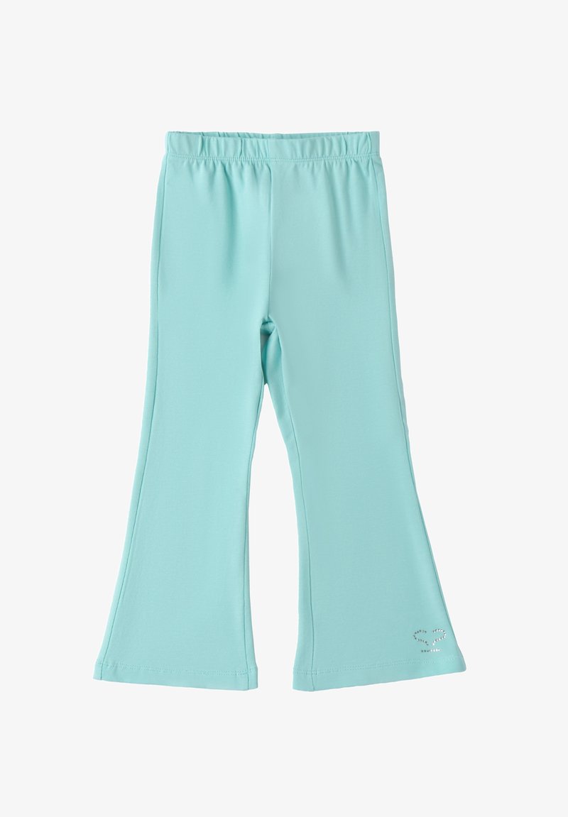 Licht aqua blauwe flared leggings gemaakt van rekbaar materiaal, met een elastische tailleband en een kleine decoratieve versiering aan de zoom.