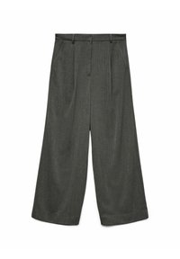 Pantaloni grigi a gamba larga, realizzati in un tessuto testurizzato, con pieghe frontali, passanti per cintura e una linea dritta. Nessun hardware visibile o tasche.