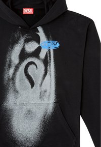 Felpa nera con cappuccio caratterizzata da un effetto vernice spray bianca e un logo Diesel blu, dotata di tasca a marsupio e polsini e orlo a costine.