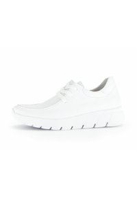 White sneaker with a smooth leather upper, rounded toe, and a thick, textured sole. Features traditional laces and minimal stitching details.