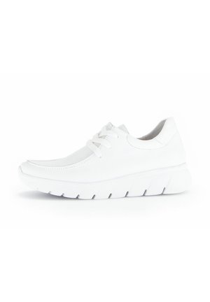 White sneaker with a smooth leather upper, rounded toe, and a thick, textured sole. Features traditional laces and minimal stitching details.