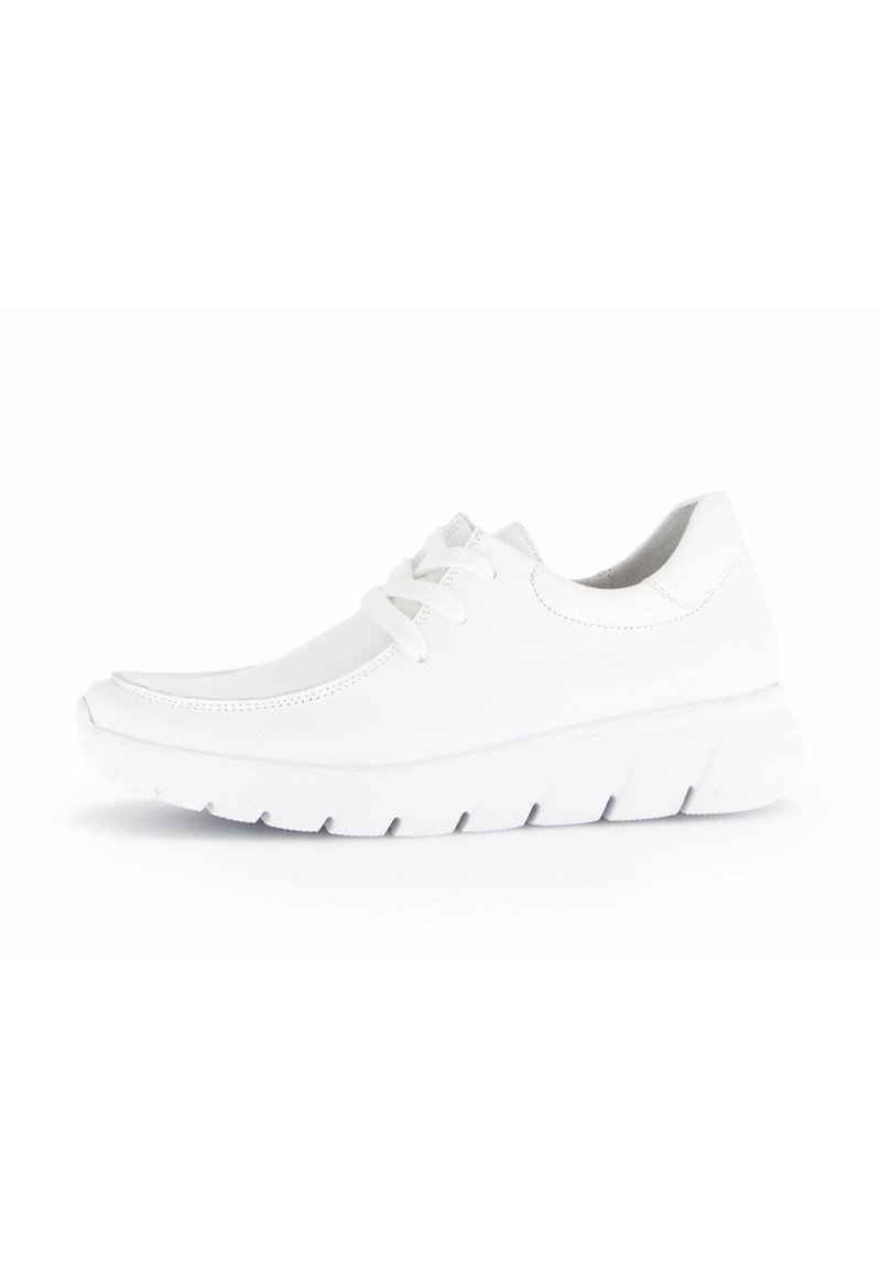 White sneaker with a smooth leather upper, rounded toe, and a thick, textured sole. Features traditional laces and minimal stitching details.