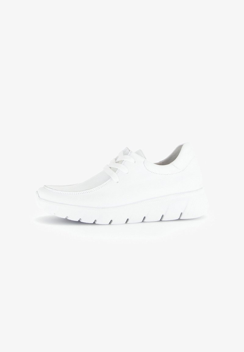 White sneaker with a smooth leather upper, rounded toe, and a thick, textured sole. Features traditional laces and minimal stitching details.