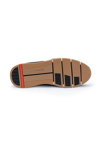 La suola della scarpa presenta un motivo tessurizzato nero, una intersuola beige a contrasto e una striscia di accento arancione. Design robusto e segmentato per una migliore aderenza.