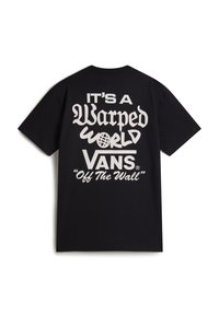 Czarny bawełniany t-shirt z wyraźnym białym napisem: „TO JEST ZAKRZYWIONY ŚWIAT” oraz „VANS Off The Wall” na plecach. Klasyczny krój z dekoltem w serek.