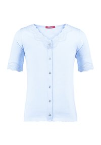 Light blue short-sleeve cardigan with a scalloped neckline, lace trim on sleeves, and button closures down the front, featuring subtle diamond texture.