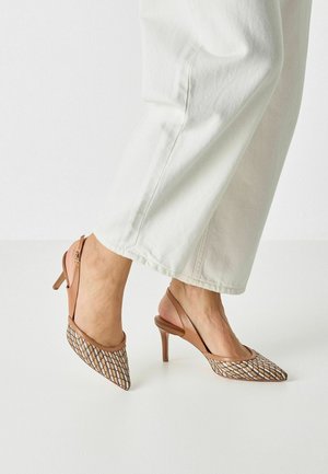 Pointed-toe slingback shoes with a tan leather upper and woven, beige patterned mesh detailing. Slim heel, elegant design.