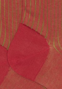 Red socks with green vertical stripes, featuring a textured finish and contrasting heel area, showcasing a blend of smooth and ribbed patterns.