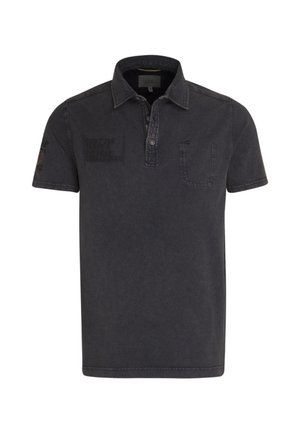 Dark gray polo shirt made from cotton blend, featuring a buttoned placket, short sleeves, pocket with subtle text, and stitching detail.