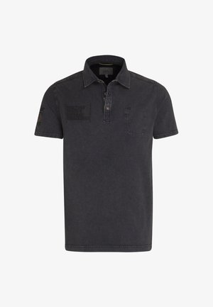Dark gray polo shirt made from cotton blend, featuring a buttoned placket, short sleeves, pocket with subtle text, and stitching detail.