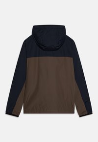 Water-resistant hooded jacket, features a navy top with brown lower panel, elastic cuffs, smooth texture, and a relaxed fit.