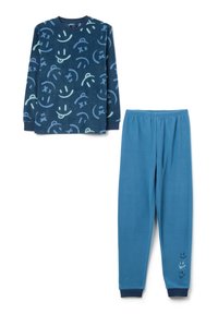 Blue fleece pajama set featuring a long-sleeve top with light blue smiley patterns and matching blue pants with cuffs at the ankles.