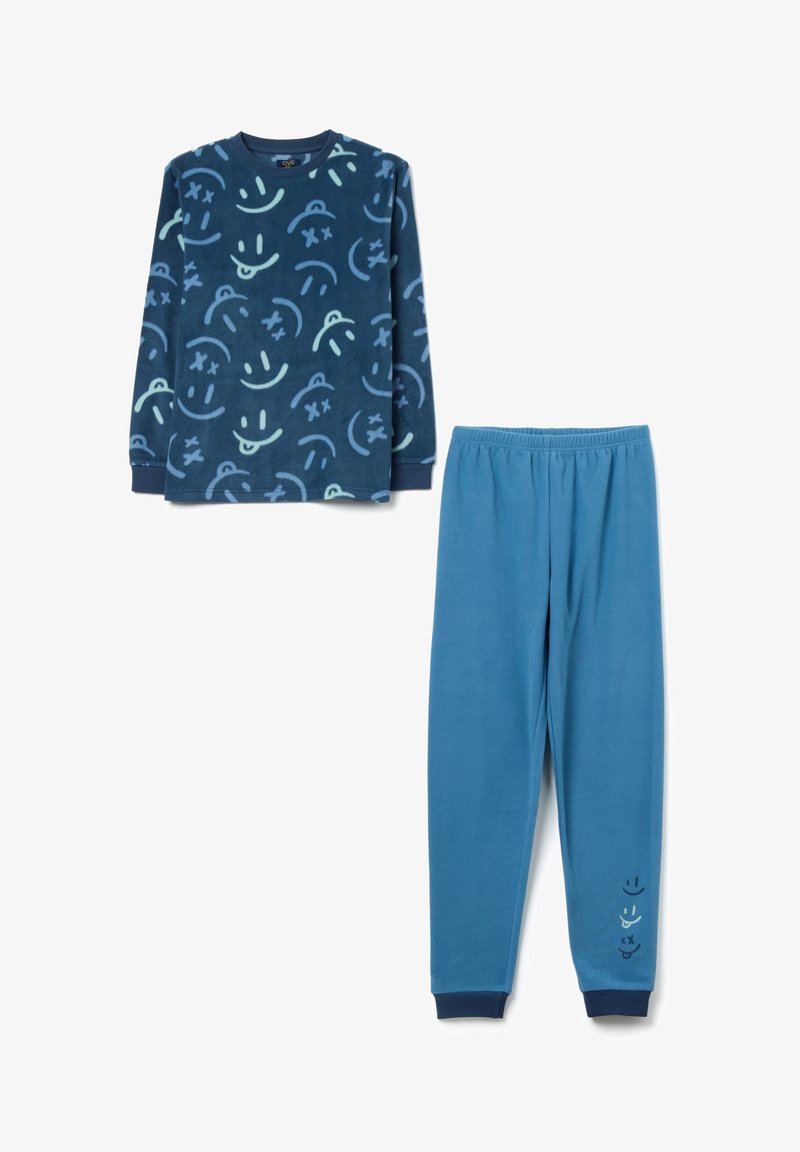 Blue fleece pajama set featuring a long-sleeve top with light blue smiley patterns and matching blue pants with cuffs at the ankles.