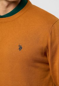 Gros plan d'un pull orange col rond avec un petit logo joueur de polo bleu foncé brodé sur la poitrine, porté par-dessus une chemise verte.