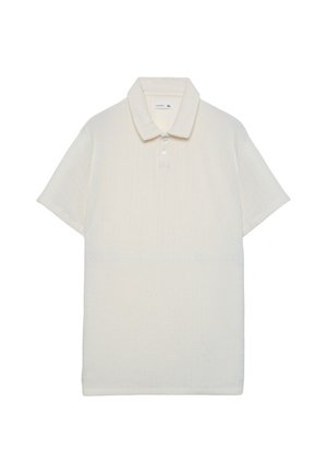 Polo a maniche corte color bianco sporco con trama, colletto e due bottoni, taglia XL, esposta distesa su uno sfondo bianco.