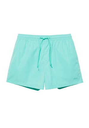 Short de bain turquoise clair avec taille élastique et cordon, longueur courte et petit logo sur l’ourlet de la jambe gauche.