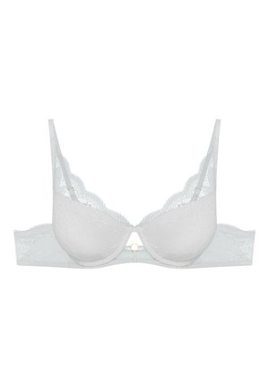 Biały koronkowy stanik z wyprofilowanymi miseczkami, falistymi krawędziami i centralnym złotym akcentem. Regulowane ramiączka i wygodny krój pod pasem.