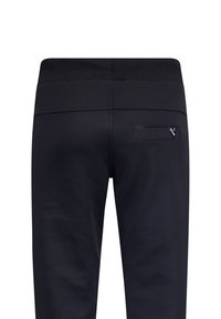 Schwarze Jogginghose mit einem breiten elastischen Bund, ausgestattet mit einer einzelnen Gesäßtasche und minimalen Nähdetails. Glatte Textur und schlankes Design.