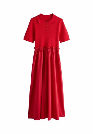 Rotes Kleid mit kurzen Ärmeln, geripptem Poloshirt-Oberteil, Knopfleiste, elastischem Taillenbund und fließendem Rock, der bis zur Mitte der Wade reicht.