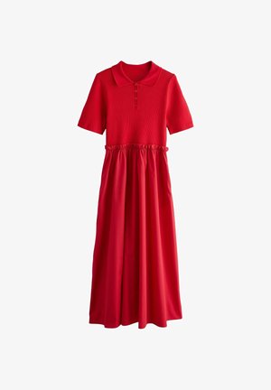 Rotes Kleid mit kurzen Ärmeln, geripptem Poloshirt-Oberteil, Knopfleiste, elastischem Taillenbund und fließendem Rock, der bis zur Mitte der Wade reicht.