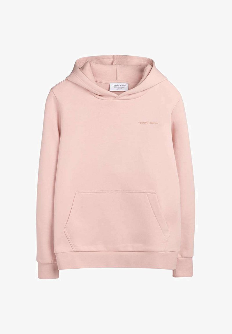 Sweat à capuche rose clair avec poche kangourou à l'avant et petit logo "Teddy Smith" sur la poitrine.