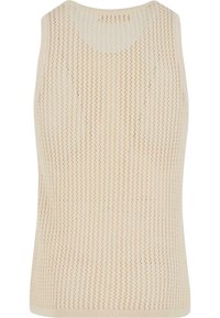 Lys beige ermeløs topp med en teksturert strikkedesign, vertikale striper og et åpent vevemønster for pusteevne.