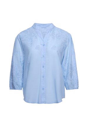 Blouse bleu clair à manches longues avec motifs floraux brodés, fermeture boutonnée devant et col mandarin.