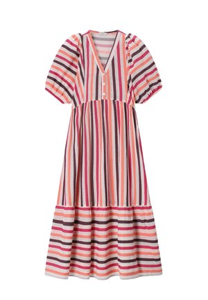 Robe midi avec des rayures verticales rose, orange, blanche et marron, col en V, trois boutons, manches bouffantes et jupe à volants froncée.