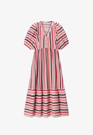 Robe midi avec des rayures verticales rose, orange, blanche et marron, col en V, trois boutons, manches bouffantes et jupe à volants froncée.