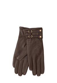 Braune Lederhandschuhe mit glatter Textur, drei Fingerschlitzen und doppelten Schnallenakzenten am Manschetten. Minimalistisches Design mit maßgeschneiderter Passform.