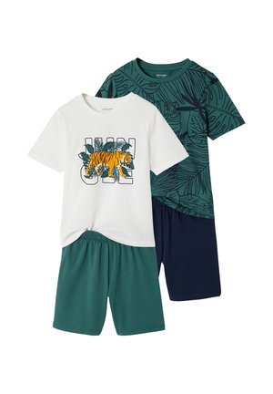 Two kids' short-sleeve pajama sets: one white shirt with tiger graphic and teal shorts, the other green leafy print shirt with navy shorts.