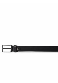 Black leather belt with a smooth texture, featuring a rectangular metal buckle and a loop for securing, designed for practical use.