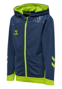 Felpa con cappuccio blu navy con vivaci accenti verdi, dotata di chiusura a zip, tessuto testurizzato e design superiore a motivo con punti riflettenti.