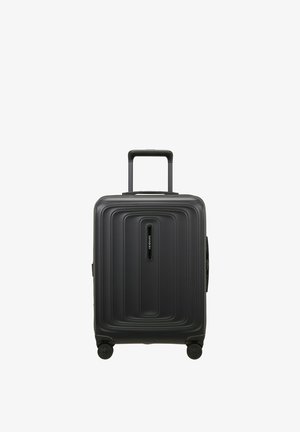 Black hard-shell wheeled suitcase with telescoping handle extended, rectangular design, and centered brand label on front panel.