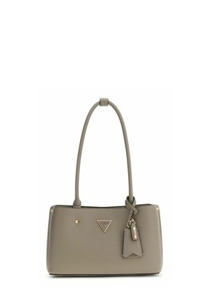 Sac à main synthétique gris au design structuré, texture lisse, courtes brides d'épaule, quincaillerie dorée et accent logo.