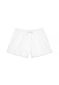 Hvide bomulds shorts med flæse trim ved kanten. Har elastisk talje med snore til justering. Blød tekstur, afslappet design.