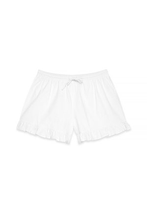 Pantaloni corti in cotone bianco con bordo a volant all'orlo. Presentano una vita elastica con un laccio per la regolazione. Texture morbida, design casual.