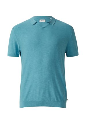 Herren-Polohemd aus türkisfarbenem Strick mit kurzen Ärmeln, kleinem Kragen und geripptem Saum, mit s.Oliver-Etikett.