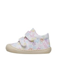 Scarpe da ginnastica bianche in tela con vivaci motivi a stella, dotate di due cinturini in Velcro, una suola in gomma texturizzata e una punta rotonda.