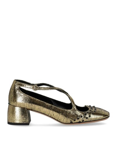 Tacco metallico dorato con superficie texturizzata, punta affusolata, design con fasce incrociate e dettagli decorativi in perline nere sulla parte anteriore. Tacco largo.
