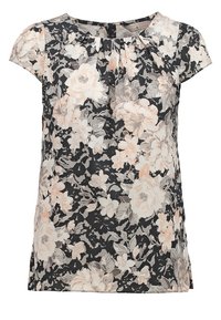 Blouse à manches courtes avec imprimé floral doux pêche et gris sur fond noir, avec un col arrondi avec détail plissé.
