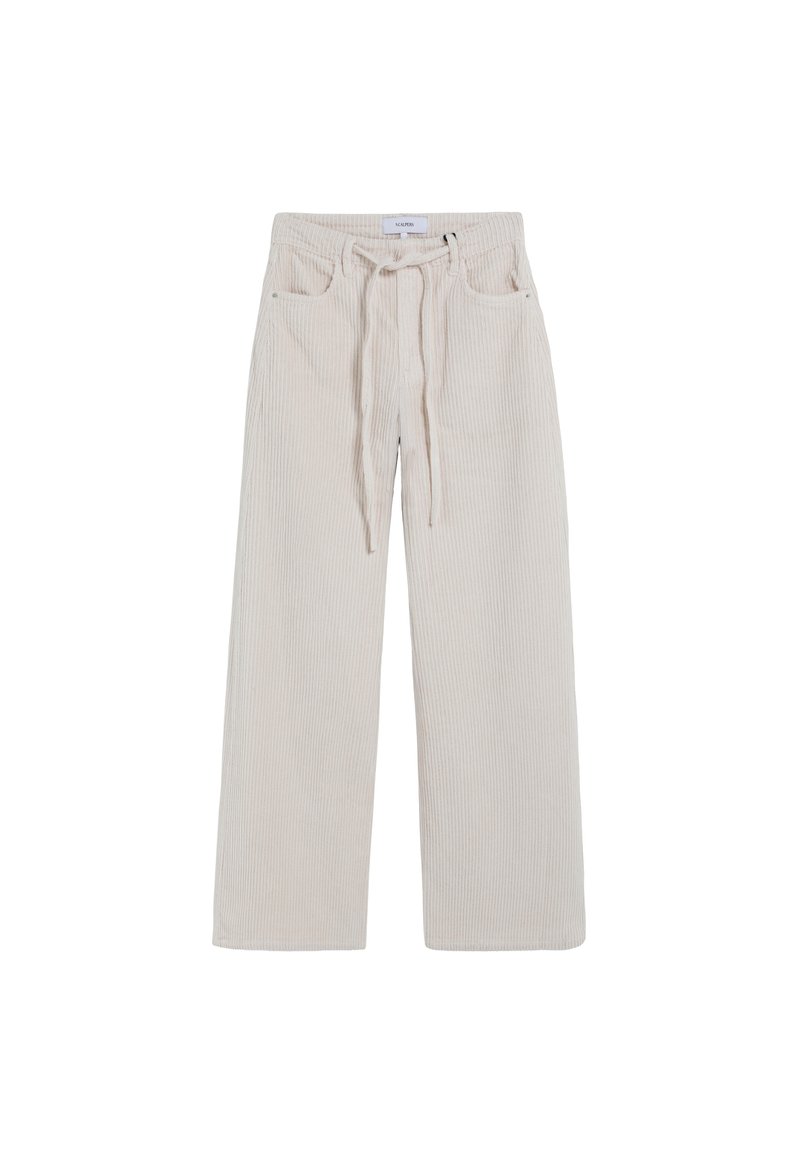 Pantalones de pana color crema con un ajuste relajado, que cuentan con una cinturilla con cordón, dos bolsillos frontales y una textura a rayas verticales.