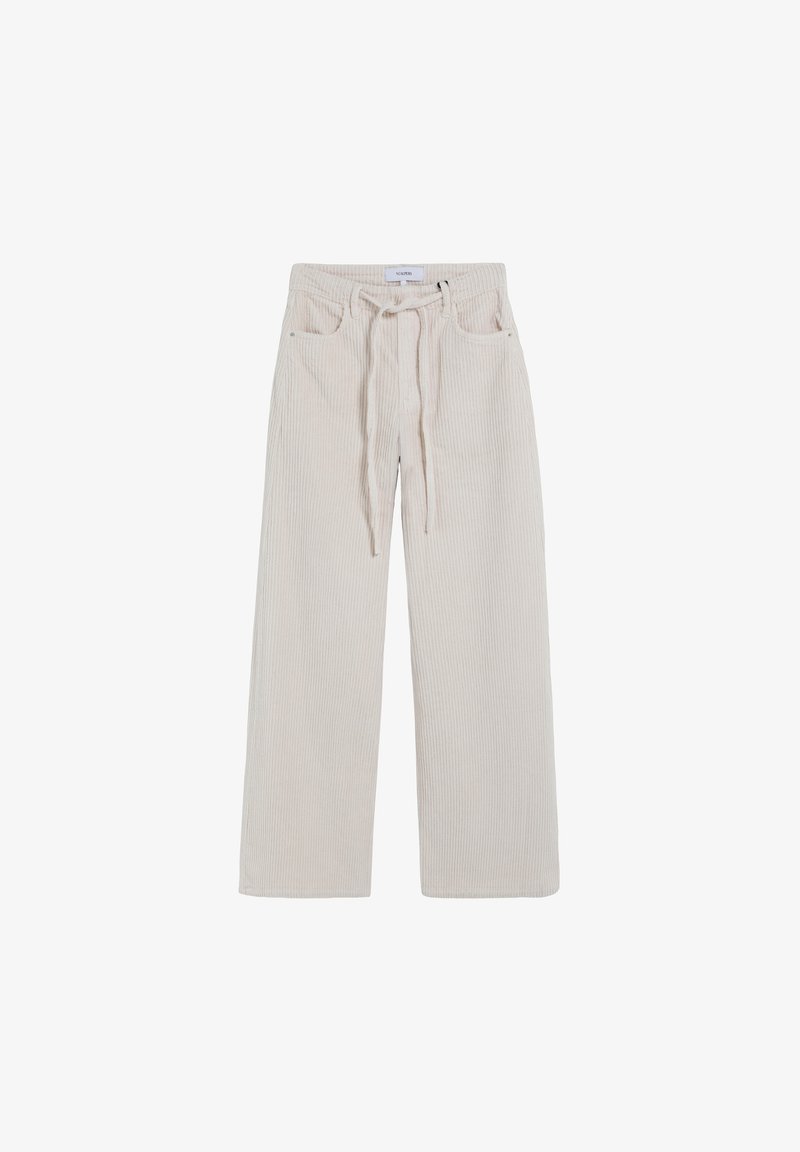 Cream-colored corduroy pants with a relaxed fit, featuring a drawstring waistband, two front pockets, and vertical ribbed texture.