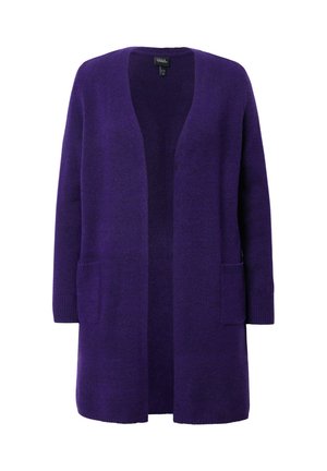 Cardigan violet à coupe ample, devant ouvert, manches longues et deux poches avant. Fabriqué en tissu tricot doux avec une finition texturée.