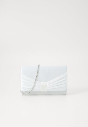 Light blue clutch bag with a pleated design. Features a rectangular shape, chain strap, and a smooth texture with a central accent.