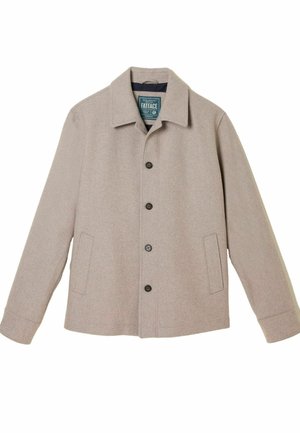 Hellbeige Wollmischung Jacke mit Kragen, vorderem Knopfverschluss und zwei seitlichen Taschen. Glatte Textur und taillierte Passform.